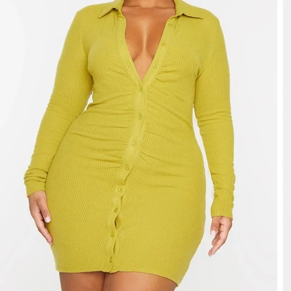 PrettyLittleThing | Dresses | Like New Chartreuse Ribbed Long Sleeve Dress  | Poshmark